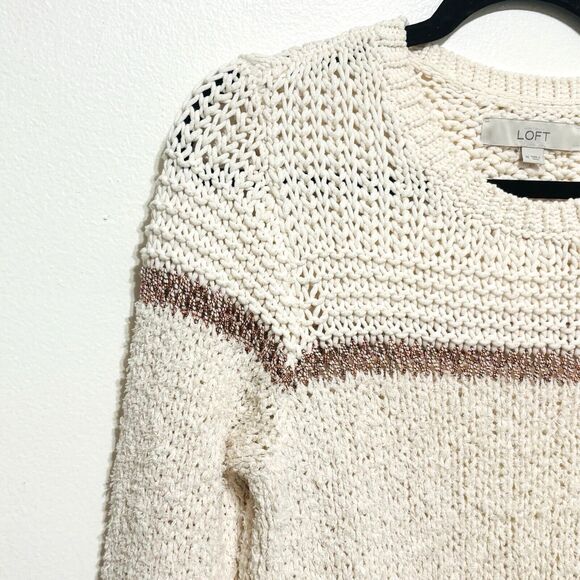 Loft Boucle Knit Sweater Wms Sz M Cream Mixed Texture Crewneck - Picture 5 of 8